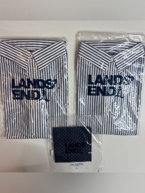 Lands End 2 Dress Shirts 17H Tailored Blue Stripe + Pocket Square NWT